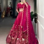 Pink natural silk thread embroidery work lehenga, blouse and dupatta