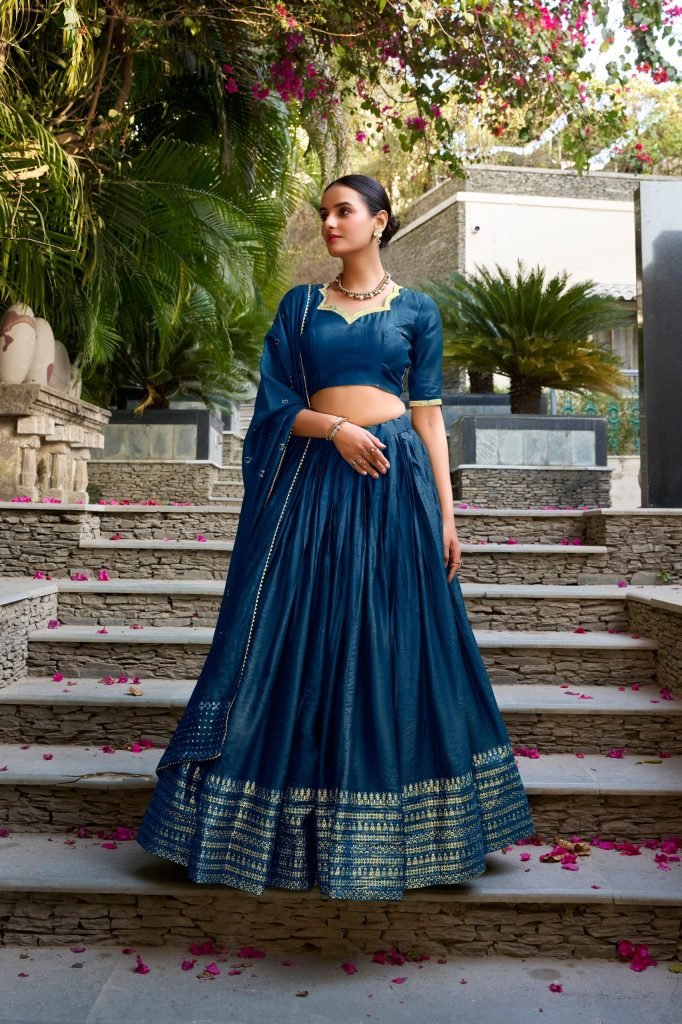 Navy blue pure chanderi zari weaving work border lehenga, blouse and dupatta