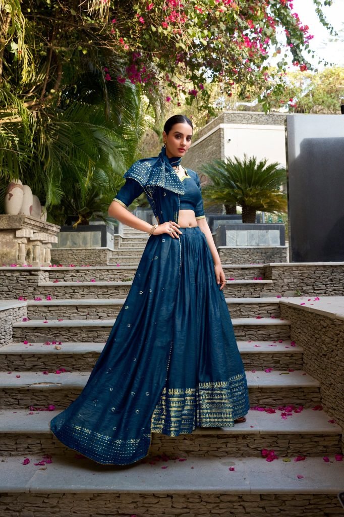 Navy blue pure chanderi zari weaving work border lehenga, blouse and dupatta