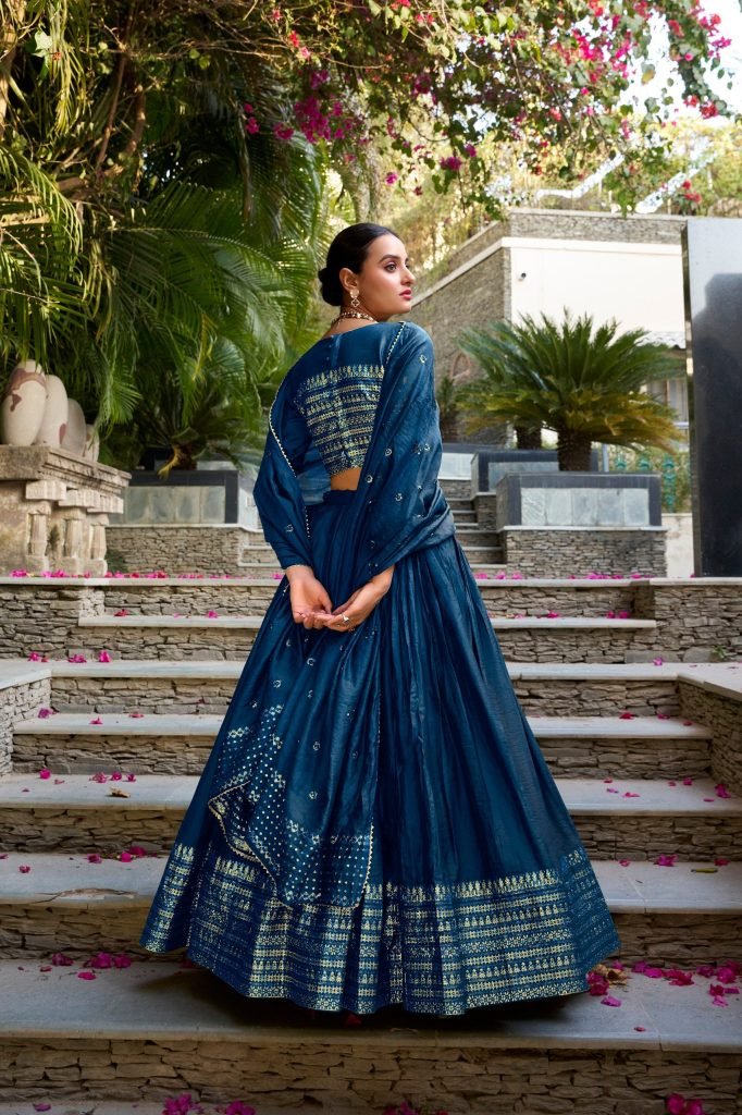 Navy blue pure chanderi zari weaving work border lehenga, blouse and dupatta