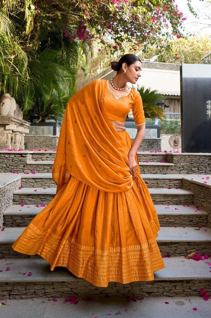 Dark Yellow pure chanderi zari weaving work border lehenga, blouse and dupatta