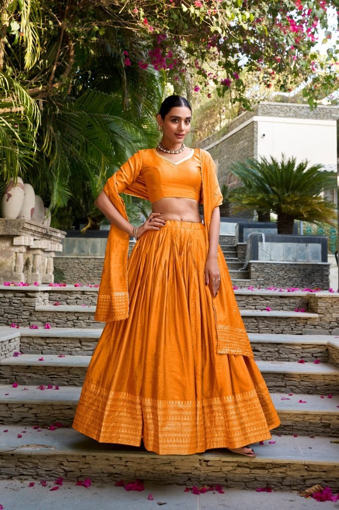 Dark Yellow pure chanderi zari weaving work border lehenga, blouse and dupatta