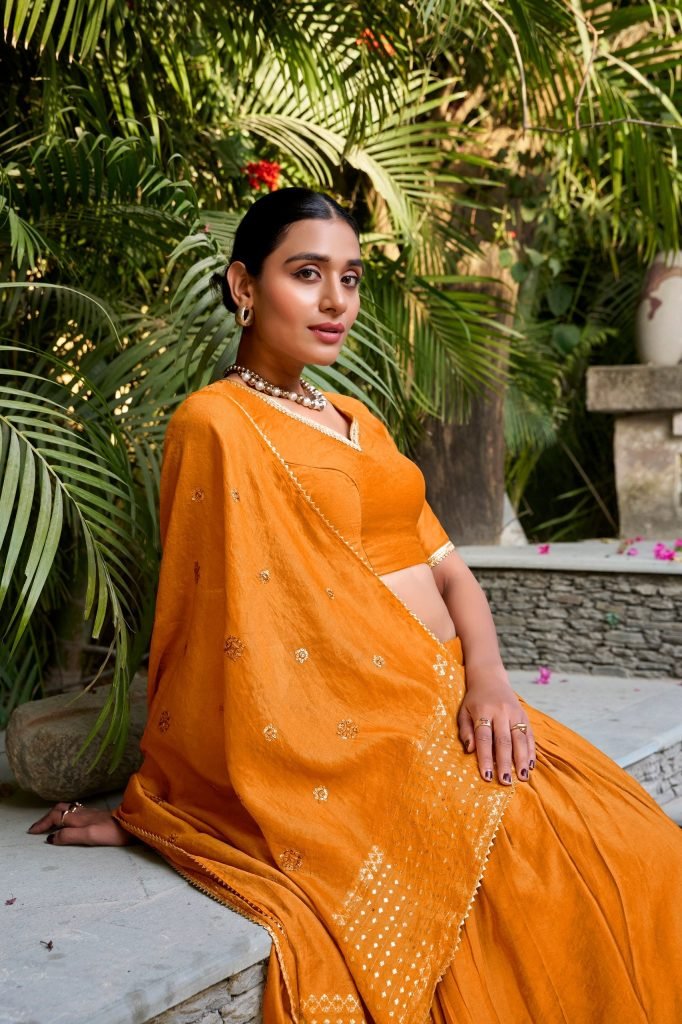 Dark Yellow pure chanderi zari weaving work border lehenga, blouse and dupatta