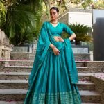 Blue pure chanderi zari weaving work border lehenga, blouse and dupatta