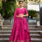 Dark pink pure chanderi zari weaving work border lehenga, blouse and dupatta