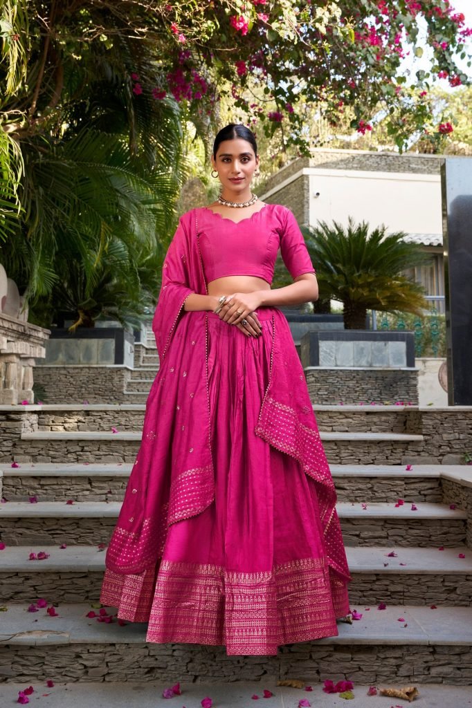 Dark pink pure chanderi zari weaving work border lehenga, blouse and dupatta