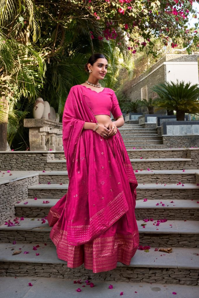 Dark pink pure chanderi zari weaving work border lehenga, blouse and dupatta