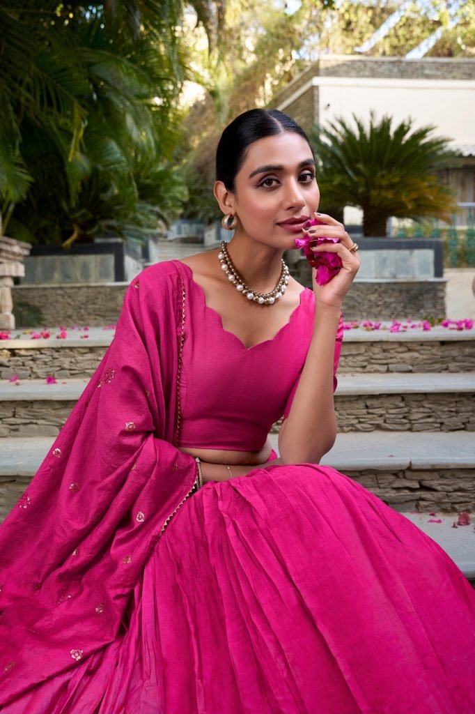 Dark pink pure chanderi zari weaving work border lehenga, blouse and dupatta
