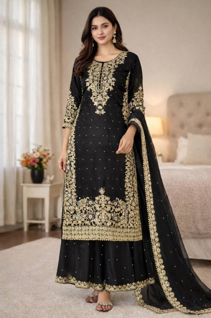 Black pure gmy silk with heavy embroidery work top-bottom and dupatta Set