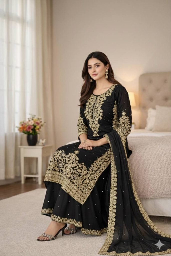 Black pure gmy silk with heavy embroidery work top-bottom and dupatta Set