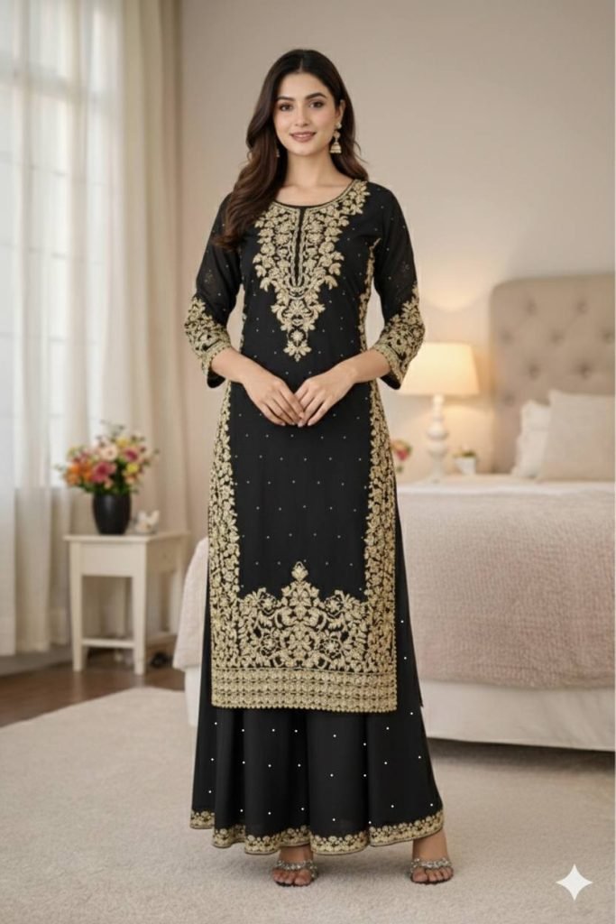 Black pure gmy silk with heavy embroidery work top-bottom and dupatta Set
