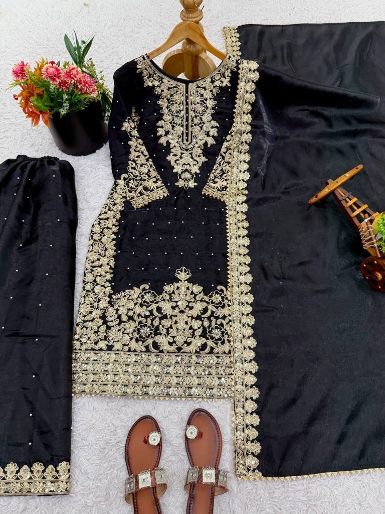 Black pure gmy silk with heavy embroidery work top-bottom and dupatta Set