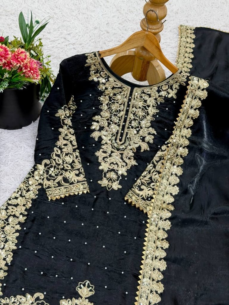 Black pure gmy silk with heavy embroidery work top-bottom and dupatta Set