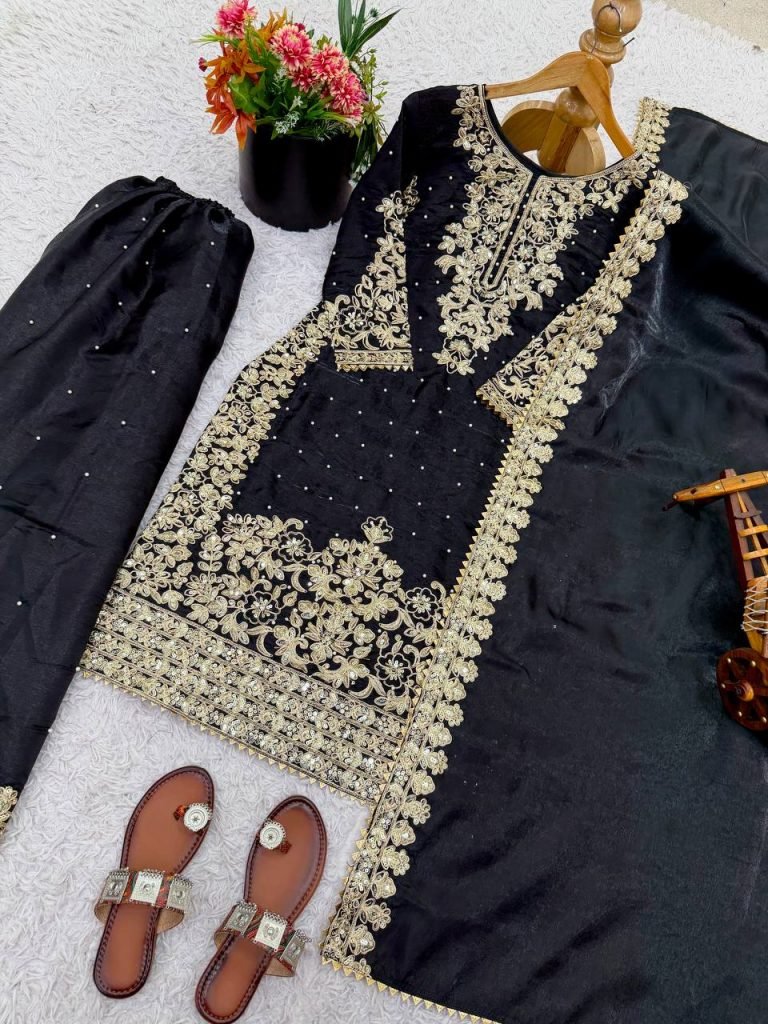 Black pure gmy silk with heavy embroidery work top-bottom and dupatta Set