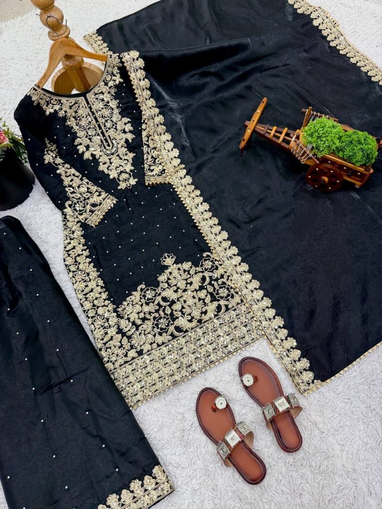 Black pure gmy silk with heavy embroidery work top-bottom and dupatta Set