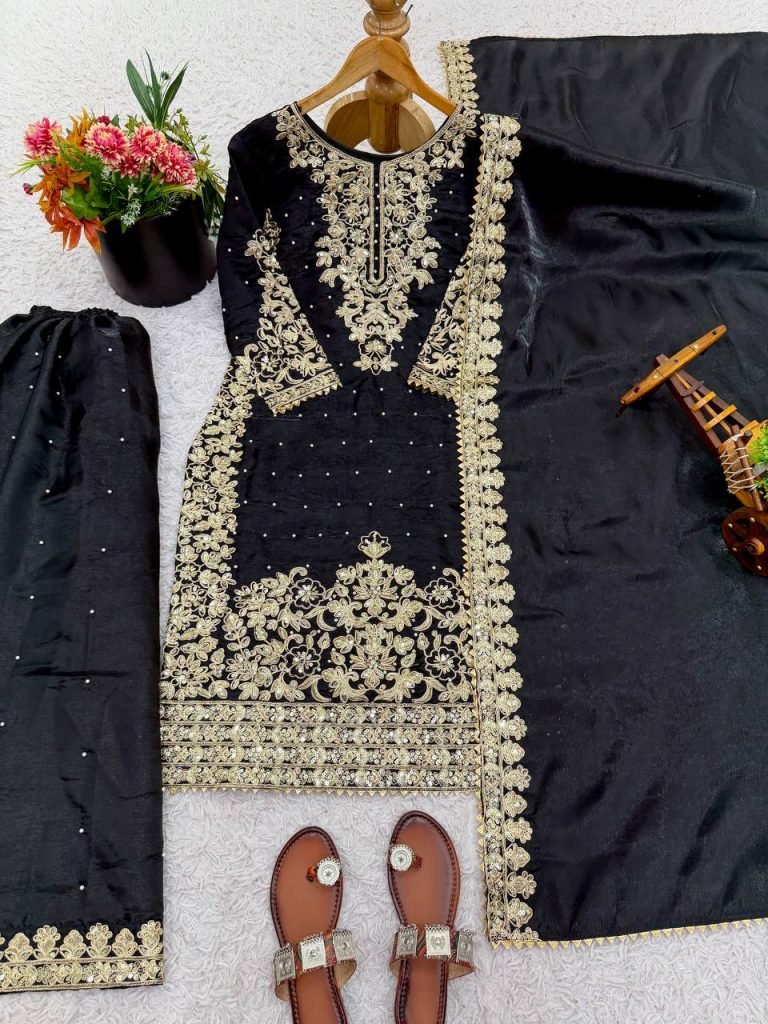 Black pure gmy silk with heavy embroidery work top-bottom and dupatta Set