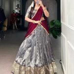 Grey dupion silk zari weaving work lehenga, blouse and dupatta, drawstring with zip