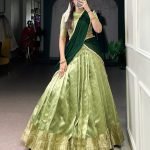 Green dupion silk zari weaving work lehenga, blouse and dupatta, drawstring with zip
