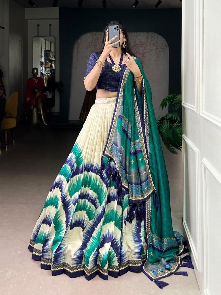 Multicolour tasar silk tie and dye print with lace lehenga, blouse and dupatta set