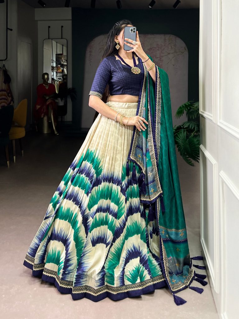 Multicolour tasar silk tie and dye print with lace lehenga, blouse and dupatta set