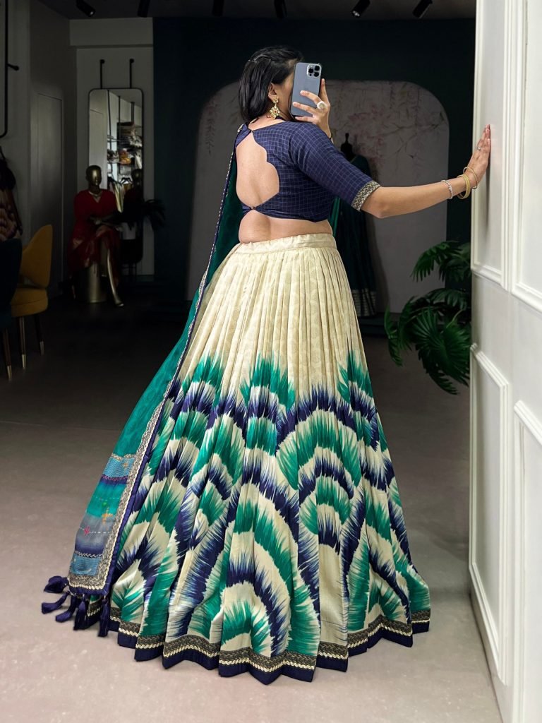 Multicolour tasar silk tie and dye print with lace lehenga, blouse and dupatta set