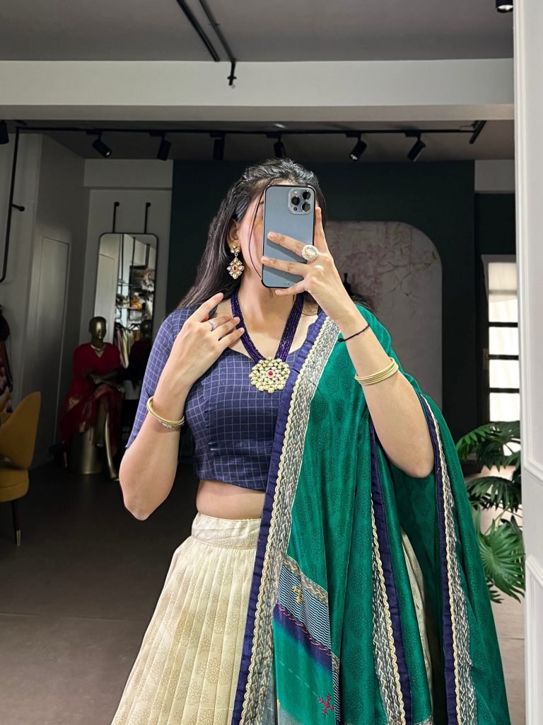 Multicolour tasar silk tie and dye print with lace lehenga, blouse and dupatta set