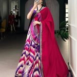 Multicolour tasar silk tie and dye print with lace lehenga, blouse and dupatta set
