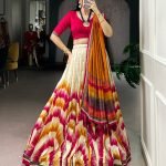 Multicolour tasar silk tie and dye print with lace lehenga, blouse and dupatta set