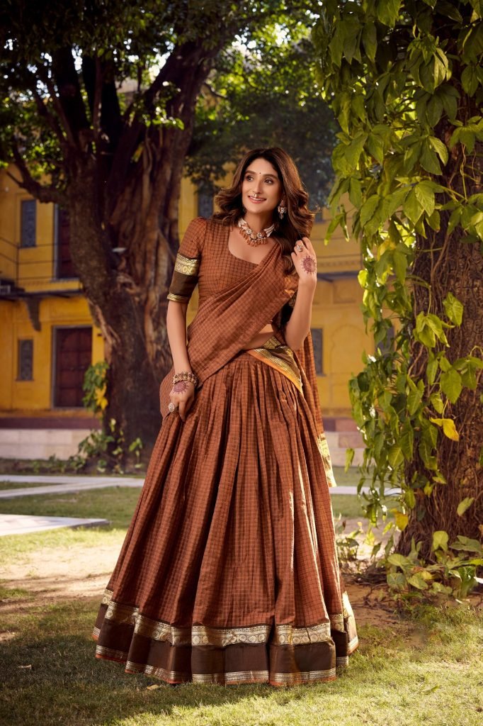 Light brown chettinad cotton check with zari weaving work lehenga choli set
