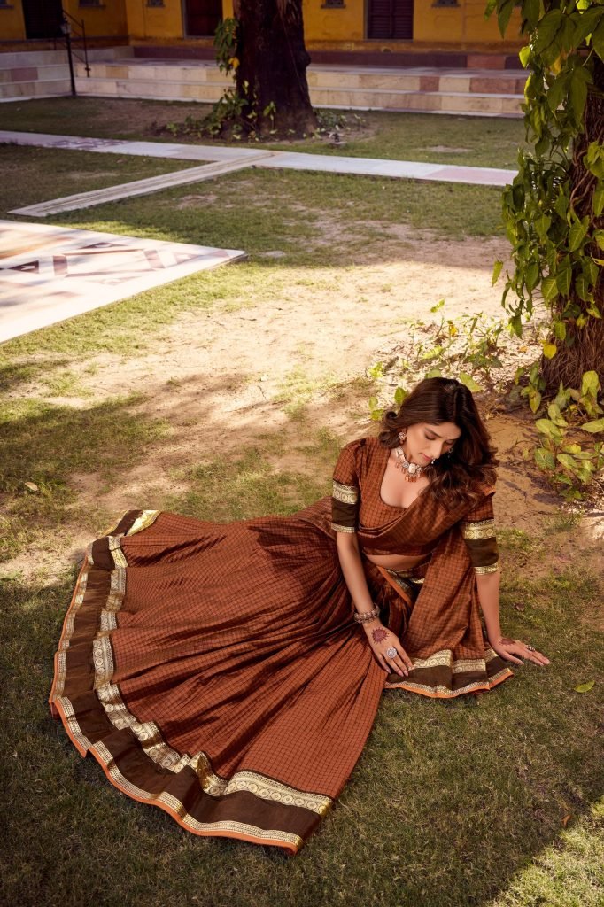 Light brown chettinad cotton check with zari weaving work lehenga choli set
