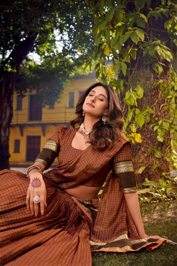 Light brown chettinad cotton check with zari weaving work lehenga choli set