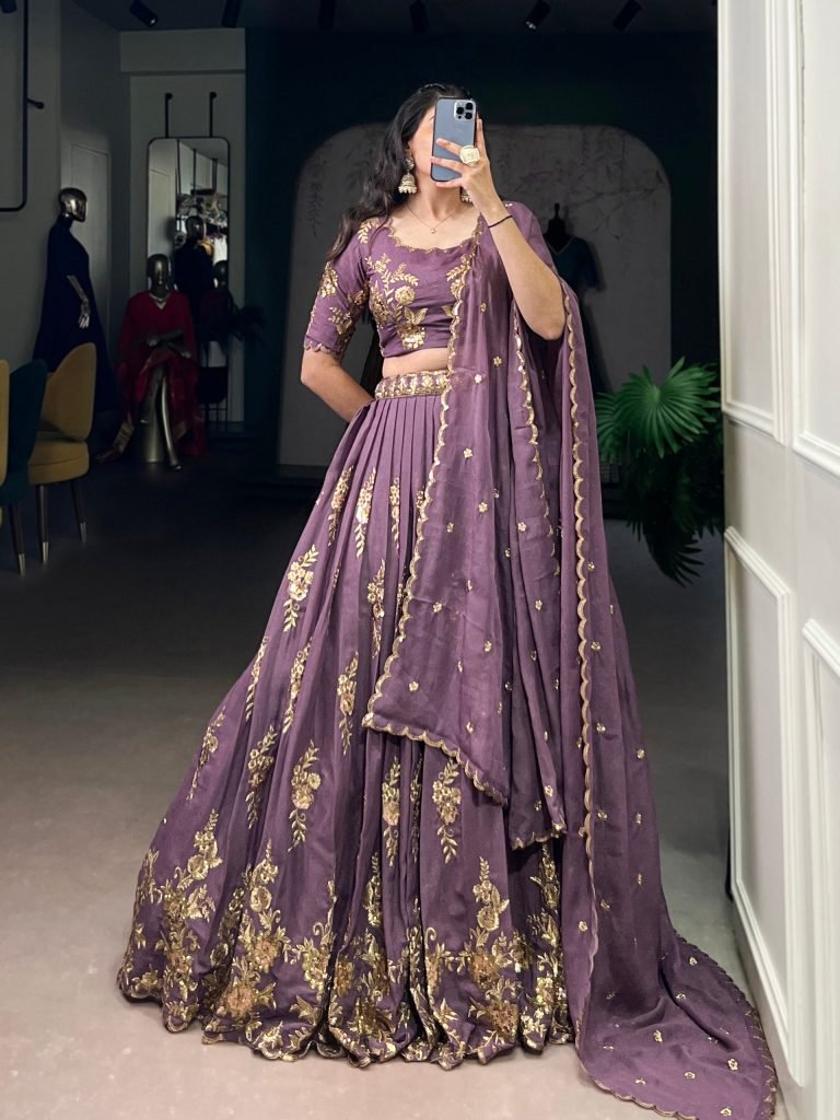 Purple chocolate crush thread embroidery work lehenga, blouse and dupatta