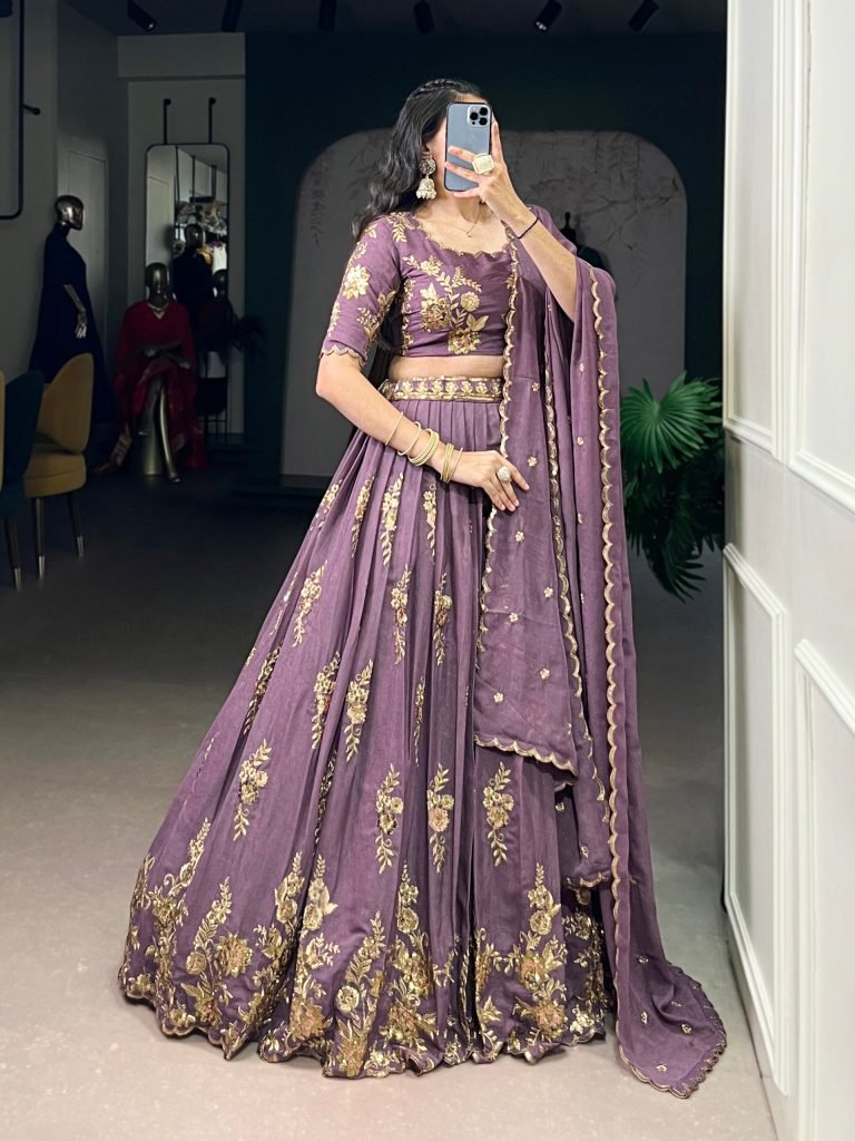 Purple chocolate crush thread embroidery work lehenga, blouse and dupatta