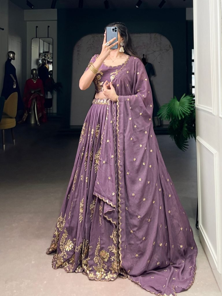 Purple chocolate crush thread embroidery work lehenga, blouse and dupatta
