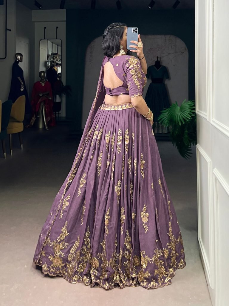 Purple chocolate crush thread embroidery work lehenga, blouse and dupatta