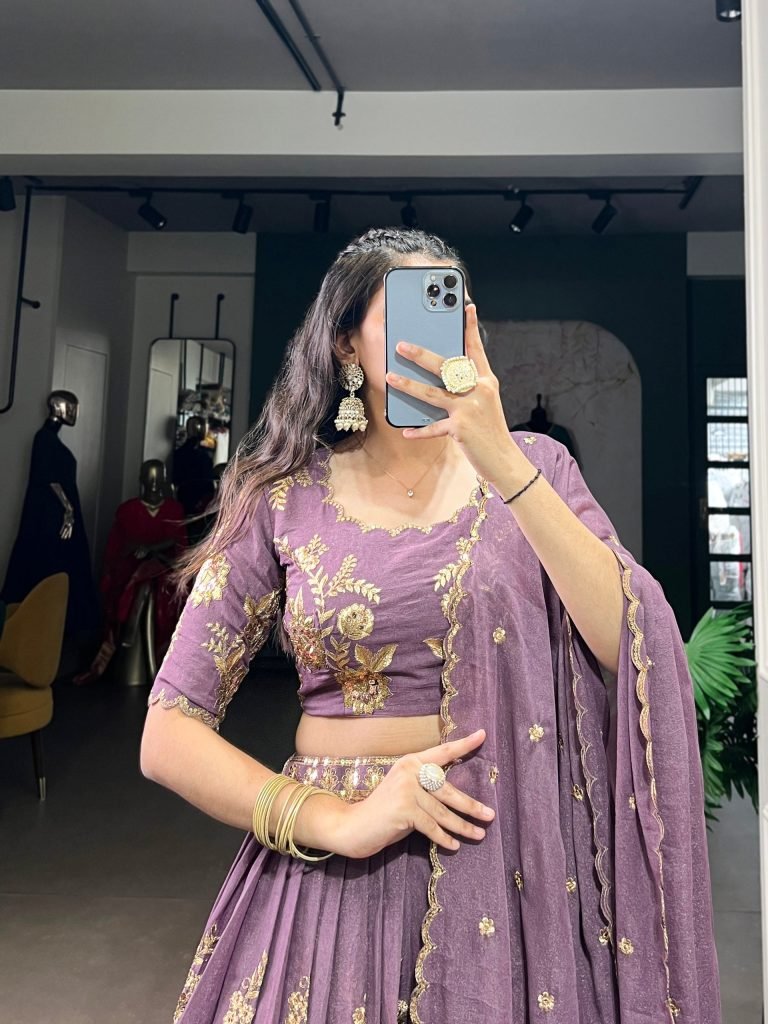Purple chocolate crush thread embroidery work lehenga, blouse and dupatta