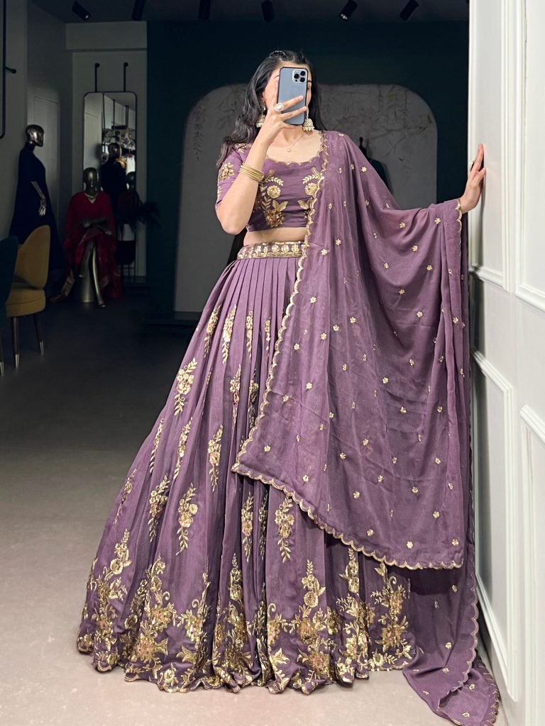 Purple chocolate crush thread embroidery work lehenga, blouse and dupatta