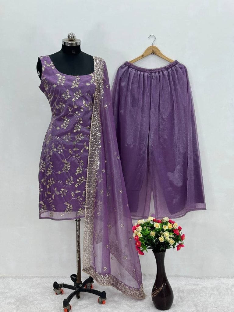 Purple heavy jimmy choo organza embroidery sequence work suit, pant and dupatta