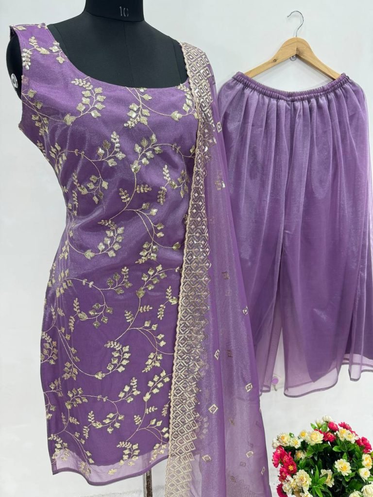 Purple heavy jimmy choo organza embroidery sequence work suit, pant and dupatta