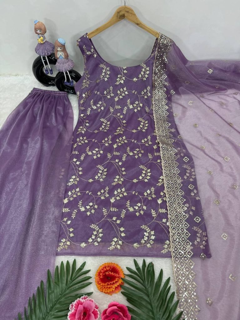 Purple heavy jimmy choo organza embroidery sequence work suit, pant and dupatta
