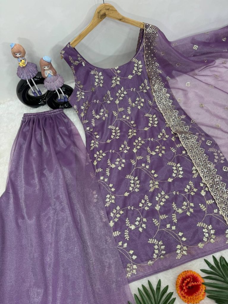 Purple heavy jimmy choo organza embroidery sequence work suit, pant and dupatta