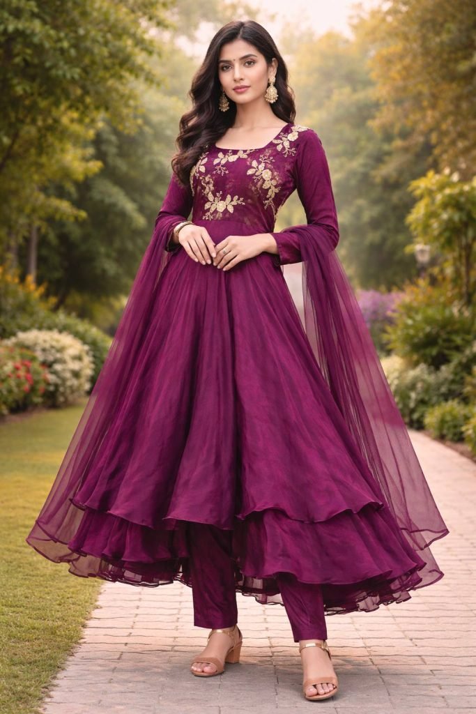Purple heavy fandy silk with embroidery sequence work gown-dupatta and bottom