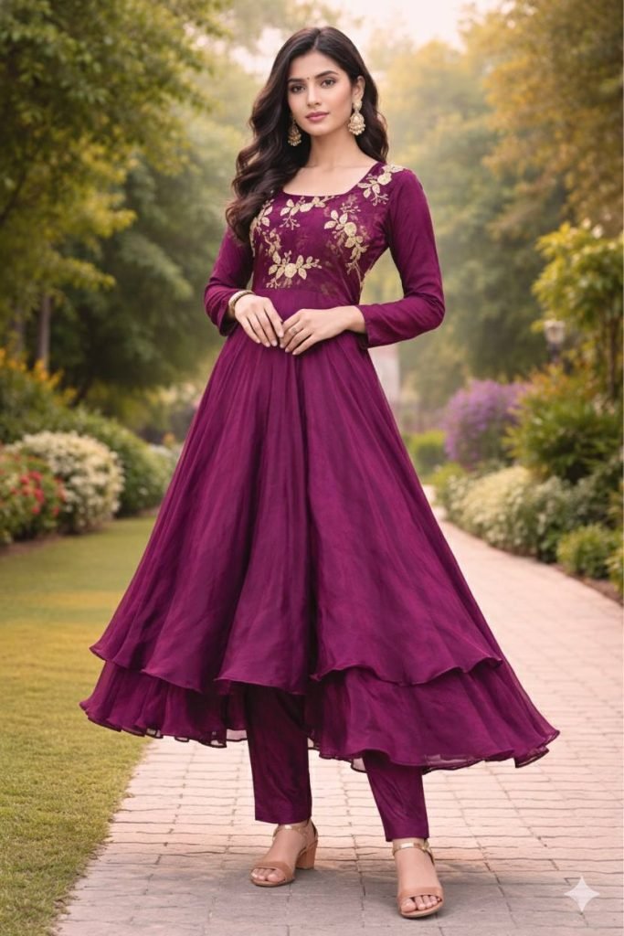 Purple heavy fandy silk with embroidery sequence work gown-dupatta and bottom