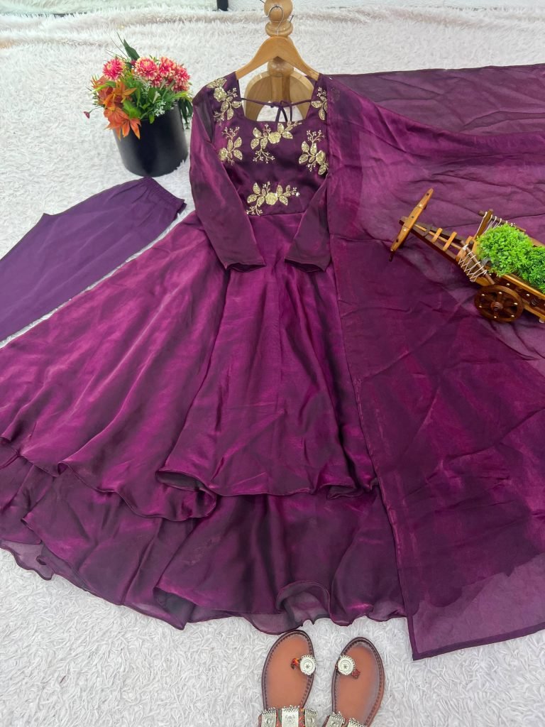 Purple heavy fandy silk with embroidery sequence work gown-dupatta and bottom