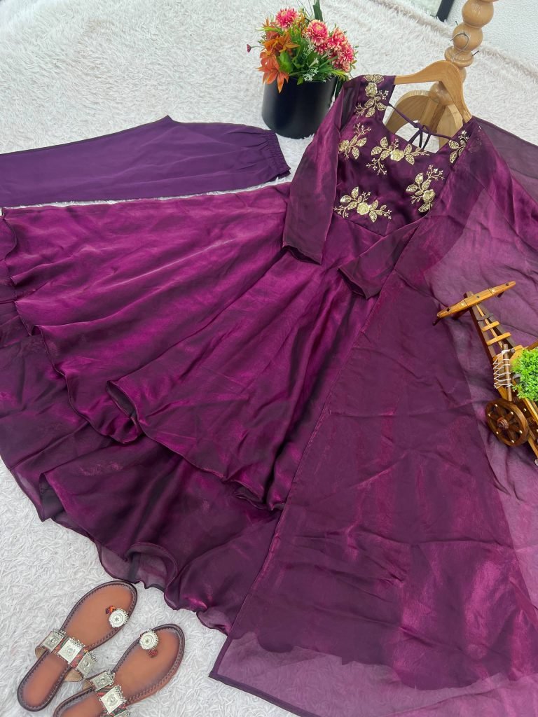Purple heavy fandy silk with embroidery sequence work gown-dupatta and bottom