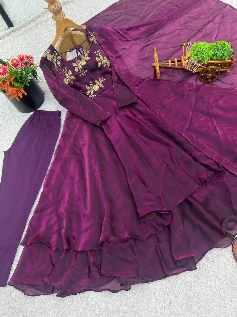 Purple heavy fandy silk with embroidery sequence work gown-dupatta and bottom