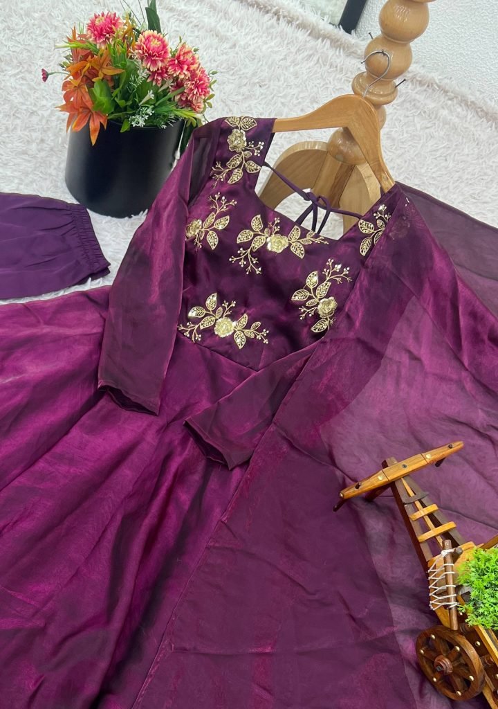 Purple heavy fandy silk with embroidery sequence work gown-dupatta and bottom