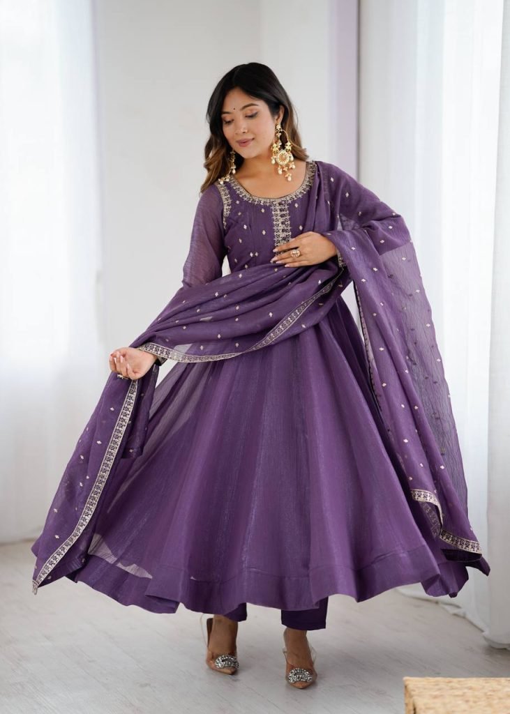 Purple pure crunchy silk embroidery sequence dori and jari work top & bottom & dupatta