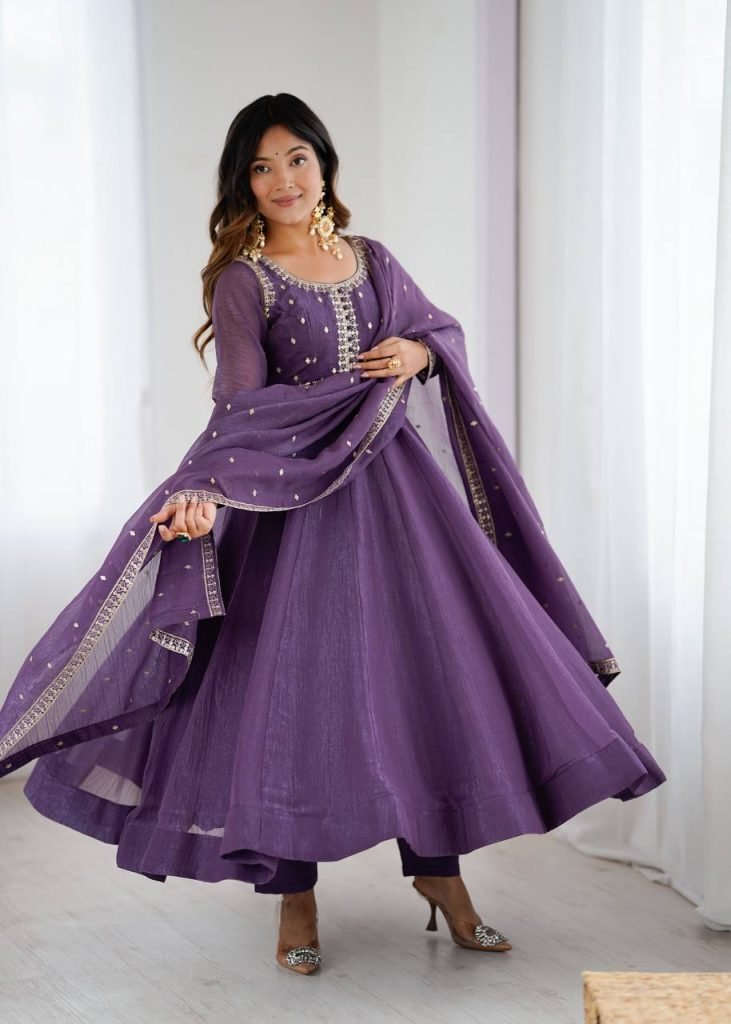 Purple pure crunchy silk embroidery sequence dori and jari work top & bottom & dupatta