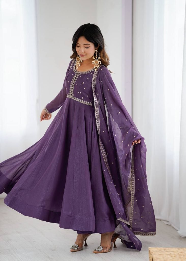 Purple pure crunchy silk embroidery sequence dori and jari work top & bottom & dupatta